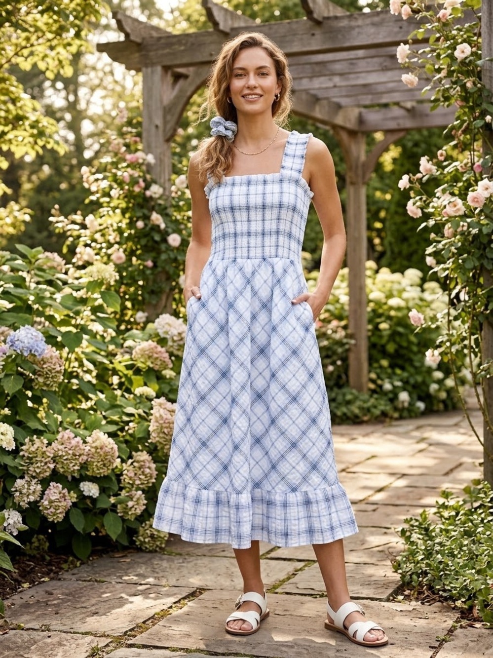 Eliza J Blue Plaid Square-Neck Midi Seersucker Dress